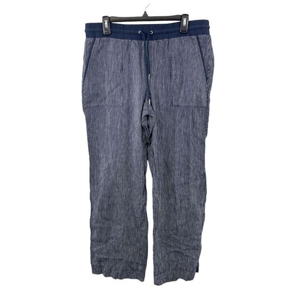 Athleta Bali Striped Linen Straight Leg Casual Drawstring Pants Blue Size 16 - Picture 1 of 8